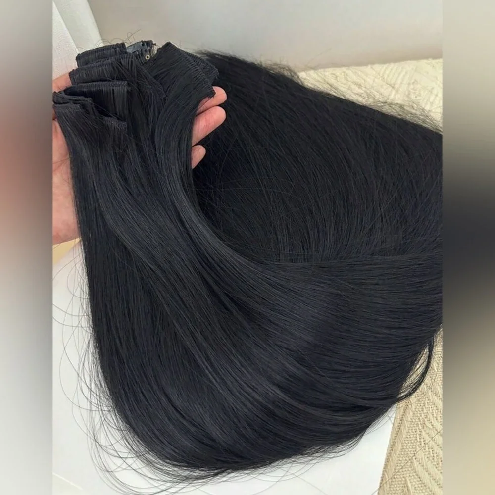 Human hair blend 24 In Long Black hair Extensions in straight Hair Clip in set